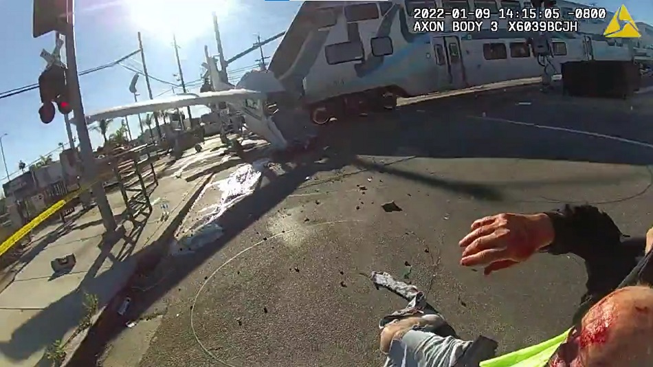 A commuter train slammed into a downed plane in Pacoima not long after the pilot was rescued by bystanders.