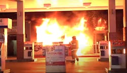 A gas station was lit on fire in Anaheim after a suspect got into a scuffle with the station clerk.