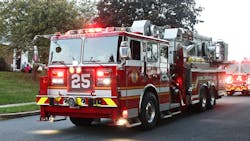 Exeter Township Fire Department Tower 25 (seen here in a department photo) was involved in an accident that sent two citizens to the hospital. Exeter Township Fire Department Tower 25 (seen here in a department photo) was involved in an accident that sent two citizens to the hospital.