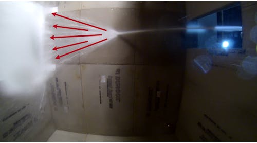 Figure 1. Straight stream, shallow angle off of ceiling. The arrows indicate the direction of bulk water flow.