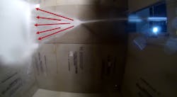 Figure 1. Straight stream, shallow angle off of ceiling. The arrows indicate the direction of bulk water flow. Figure 1. Straight stream, shallow angle off of ceiling. The arrows indicate the direction of bulk water flow.