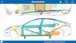 Green areas on this screenshot from the Crash Recovery System app indicate the locations of the ultra-high-strength steels (UHSS) that are inside of a Tesla Model 3 sedan. Green areas on this screenshot from the Crash Recovery System app indicate the locations of the ultra-high-strength steels (UHSS) that are inside of a Tesla Model 3 sedan.