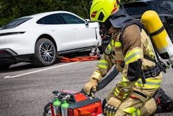 Rosenbauer&rsquo;s extinguishing system for li-ion battery fire suppression punctures the battery box with a piercing-type nozzle. Water is then discharged through an attached hoseline, flowing directly into the battery unit itself.