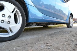 Because of a floorpan-mounted high-voltage battery, the ground clearance of an electric vehicle can be a matter of only a few inches. Because of a floorpan-mounted high-voltage battery, the ground clearance of an electric vehicle can be a matter of only a few inches.