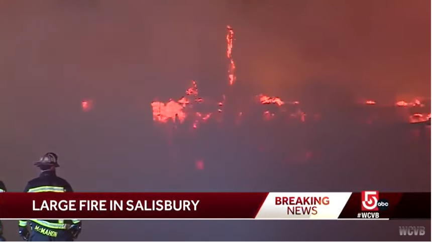 A nine-alarm fire in Salisbury destroyed three buildings and was fed by high winds.