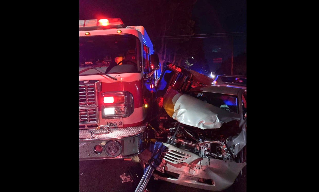 San Bernardino County Fire Medic/Engine 12 was stuck by an unrelated vehicle while blocking at an accident.