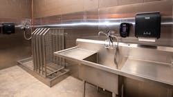 The use of stainless steel in the decontamination area of Queen Creek, AZ, Fire Station 4 make cleaning easier for firefighters. The use of stainless steel in the decontamination area of Queen Creek, AZ, Fire Station 4 make cleaning easier for firefighters.