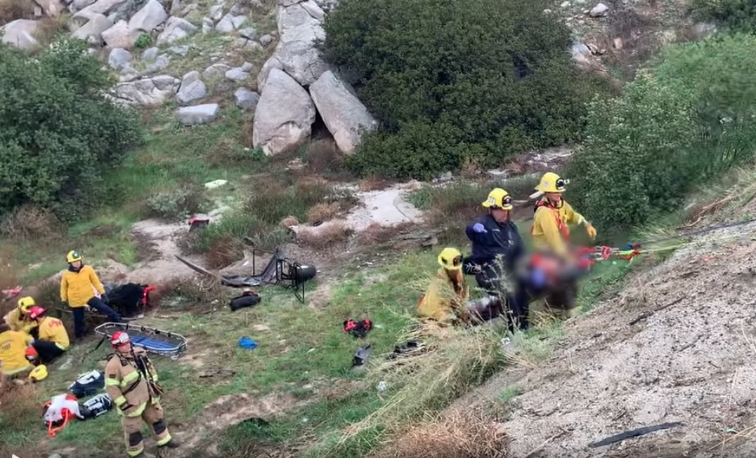 Cal Fire/Riverside County firefighters rescued six vehicle occupants after their vehicle flew off a cliff.