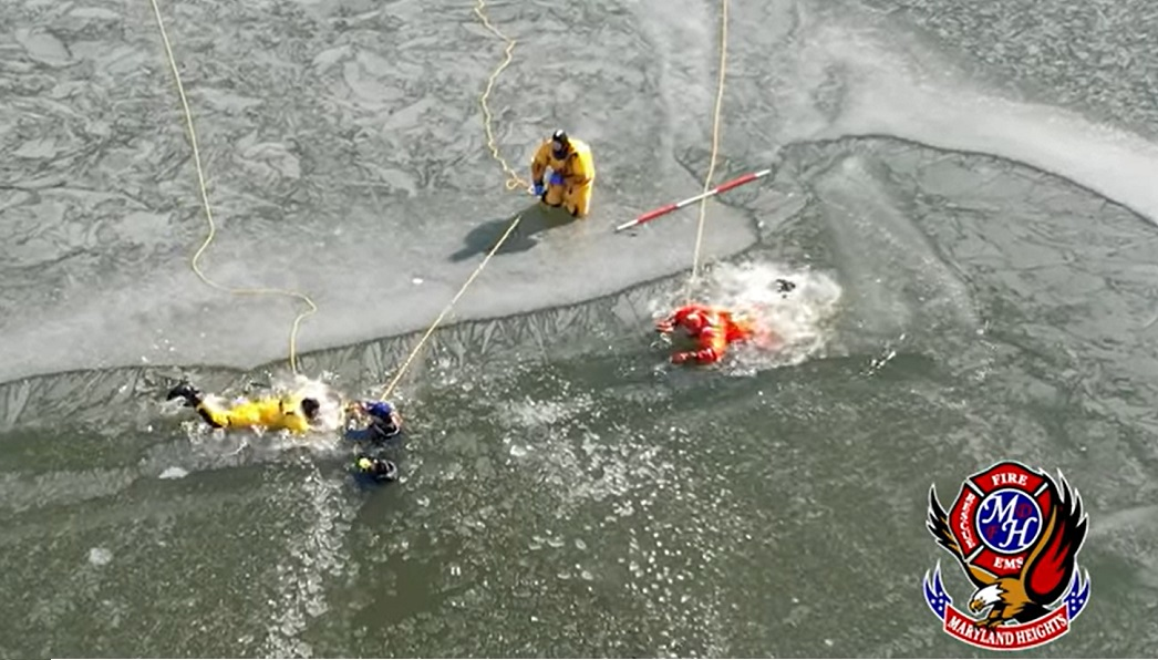 Maryland Heights firefighters conducting ice rescue training ends in a real-world rescue of two teens from Creve Coeur Lake.