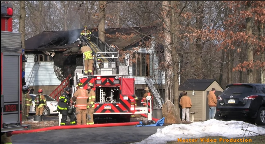 A father and son used a ground ladder to rescue three neighbors and their dog after their house caught fire in Heidelberg Township.