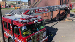 Angling a tower ladder can provide coverage of two sides of a structure and the capability to get under wires. It also gets the cab out of the way, but depending on the design of the apparatus, compartments might be in the way. Angling a tower ladder can provide coverage of two sides of a structure and the capability to get under wires. It also gets the cab out of the way, but depending on the design of the apparatus, compartments might be in the way.