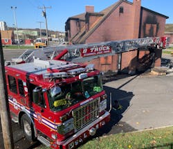 Angling a tower ladder can provide coverage of two sides of a structure and the capability to get under wires. It also gets the cab out of the way, but depending on the design of the apparatus, compartments might be in the way. Angling a tower ladder can provide coverage of two sides of a structure and the capability to get under wires. It also gets the cab out of the way, but depending on the design of the apparatus, compartments might be in the way.