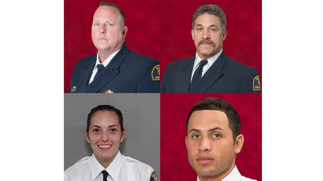 Dallas Fire Rescue members (clockwise from top left) Christopher Gadomski, Ronald Hall, Andrew Curtis and Pauline Perez were injured in a gas explosion on Sept. 29, 2021. Hall was not part of the suit file by the other three firefighters.
