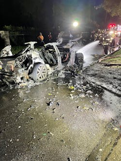 All that remains of a burnt EV is essentially an empty shell that shows that many aluminum body panels melted away. The reignition issue because of stranded energy that’s inside of the floorpan-mounted battery remains. All that remains of a burnt EV is essentially an empty shell that shows that many aluminum body panels melted away. The reignition issue because of stranded energy that’s inside of the floorpan-mounted battery remains.