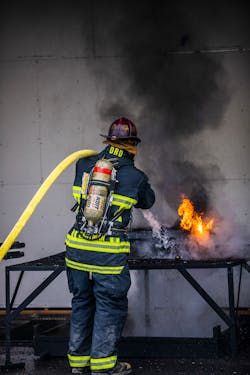 The most effective suppression method of li-ion battery fires starts with transitional attack techniques to knock down the body of the fire followed by an advance with controlled and focused streams through the vent ports to cool the battery cells.