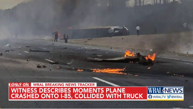 A twin-engine plane crashed on a North Carolina interstate, and was struck by a tractor-trailer.