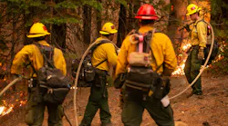Firefighters conduct a controlled burn on Hwy. 50 in Strawberry, CA during the 2021 Caldor fire.