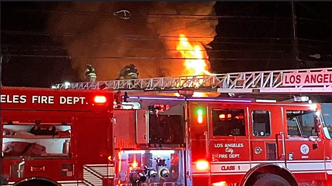 The Los Angeles Fire Department battled flames in a row of commercial occupancies in the Pacomia neighborhood.