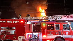The Los Angeles Fire Department battled flames in a row of commercial occupancies in the Pacomia neighborhood.