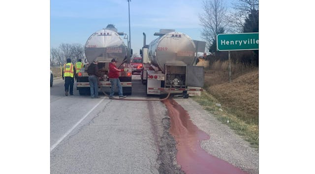 Monroe Township firefighters were called to contain hot sauce spilling out of a semi on an I-65 off-ramp.
