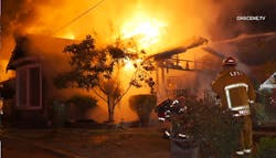 Los Angeles fire crews battled a fast-moving fire that claimed one man's life. Los Angeles fire crews battled a fast-moving fire that claimed one man's life.