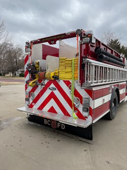 The location of a 1,000-gallon booster tank on Butler County Fire District #8’s Engine 88 was specified low enough so attack line deployment can be carried out from ground level. The location of a 1,000-gallon booster tank on Butler County Fire District #8’s Engine 88 was specified low enough so attack line deployment can be carried out from ground level.