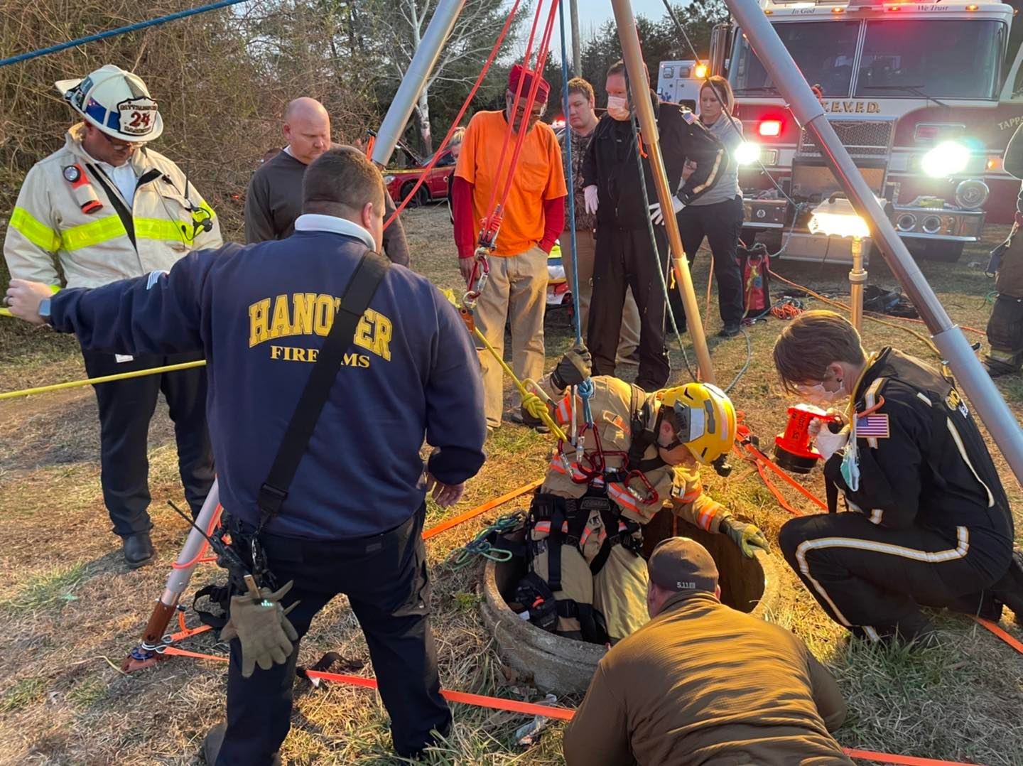 Firefighters from multiple fire departments worked for three hours to rescue the teen who was trapped 30 feet down in a well.
