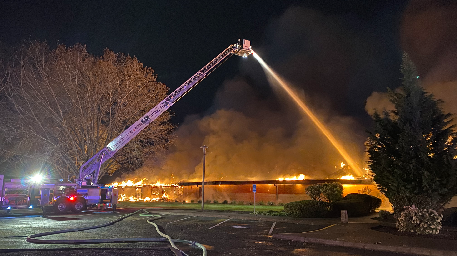 Tualatin Valley Fire & Rescue battled a two-alarm fire that leveled a commercial building in Newburg.