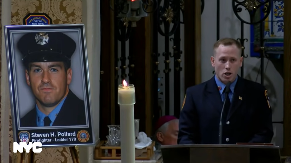 Firefighter Timothy Klein delivered the eulogy at funeral of Steven Pollard, a firefighter who died in January 2019 fall.