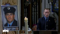 Firefighter Timothy Klein delivered the eulogy at funeral of Steven Pollard, a firefighter who died in January 2019 fall. Firefighter Timothy Klein delivered the eulogy at funeral of Steven Pollard, a firefighter who died in January 2019 fall.