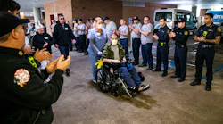 Middletown and Philadelphia firefighters greet Shawn Menear. Middletown firefighter Shawn Menear is greeted by the Middletown Volunteer Fire Department as he is released from Magee Rehabilitation Hospital in Philadelphia, April 6, 2022. Menear suffered burns and other injuries while responding to a fire at a Royalton home on Jan. 23.