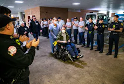Middletown and Philadelphia firefighters greet Shawn Menear. Middletown firefighter Shawn Menear is greeted by the Middletown Volunteer Fire Department as he is released from Magee Rehabilitation Hospital in Philadelphia, April 6, 2022. Menear suffered burns and other injuries while responding to a fire at a Royalton home on Jan. 23.