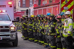 Baltimore City firefighters salute as an ambulance carries the body of Lt. Paul Butrim from the scene of a vacant row house fire on S. Stricker Street. Four firefighters were trapped in a collapse while fighting the fire Monday morning. Three have died and a fourth is in critical condition. Baltimore City firefighters salute as an ambulance carries the body of Lt. Paul Butrim from the scene of a vacant row house fire on S. Stricker Street. Four firefighters were trapped in a collapse while fighting the fire Monday morning. Three have died and a fourth is in critical condition.