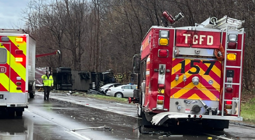 Town & Country Fire District firefighter Philip M. Wigal, 35, was killed working at an accident scene, a photo by Ashland County Pictures shows the damage to the fire apparatus that was struck.