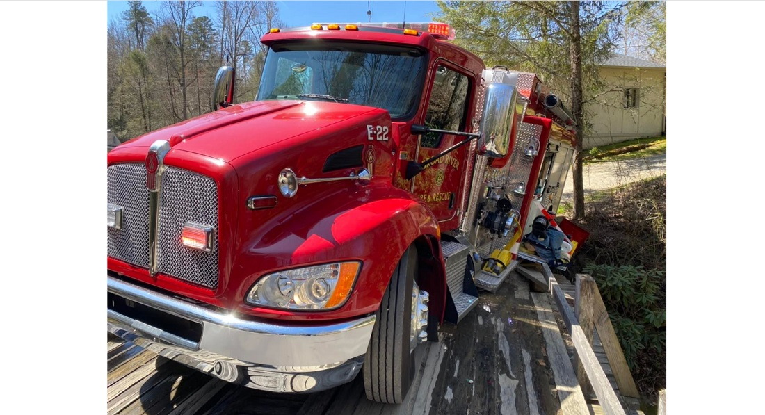 A Broad River Fire &amp; Rescue truck became stuck when part of a private bridge collapsed as the truck was crossing to a fire.