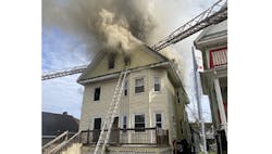 Boston firefighters battle flames in a 2 1/2 story dwelling that sent 2 children and 2 adults to the hospital and displaced 17 people. Boston firefighters battle flames in a 2 1/2 story dwelling that sent 2 children and 2 adults to the hospital and displaced 17 people.