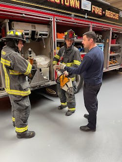 Moorestown, NJ, Fire Department (MFD) Training Officer Bart Santaspirt provides training on rescue tools to two members who came to the department through MFD&rsquo;s partnership with Rowan College of Burlington County (RCBC).
