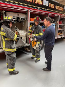 Moorestown, NJ, Fire Department (MFD) Training Officer Bart Santaspirt provides training on rescue tools to two members who came to the department through MFD&rsquo;s partnership with Rowan College of Burlington County (RCBC).