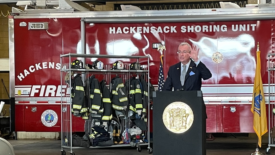Gov. Phil Murphy announced the grant program for fire departments using the American Rescue Plan funds at a Hackensack fire station Monday.