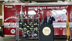 Gov. Phil Murphy announced the grant program for fire departments using the American Rescue Plan funds at a Hackensack fire station Monday. Gov. Phil Murphy announced the grant program for fire departments using the American Rescue Plan funds at a Hackensack fire station Monday.