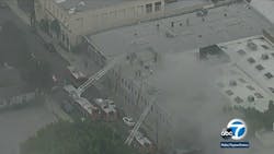 Los Angeles firefighters responded to a fire in an industrial building that was converted into multiple recording studios. The fire left one man dead. Los Angeles firefighters responded to a fire in an industrial building that was converted into multiple recording studios. The fire left one man dead.