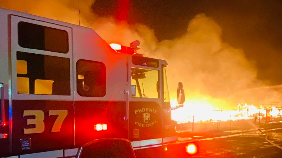 A three-alarm fire consumed an apartment complex under construction in Phoenix.