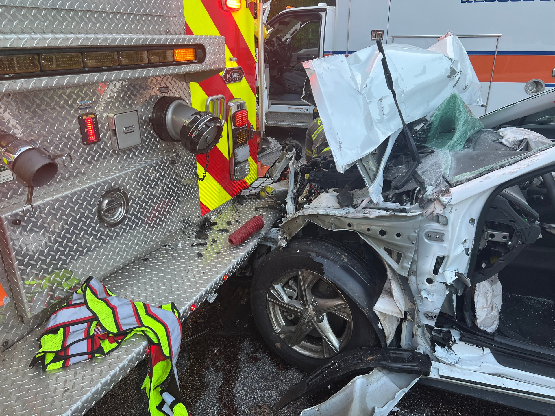 The car crashed into South Hill VFD Engine 72 after striking a command vehicle.
