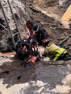Brevard County, FL, Fire Rescue Department rescued the worker from a 15-foot deep, 40-foot wide hole. Brevard County, FL, Fire Rescue Department rescued the worker from a 15-foot deep, 40-foot wide hole.