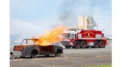 The 374th Civil Engineer Squadron Fire Department responds to a simulated aircraft incident during a major accident response exercise at Yokota Air Base in Japan.