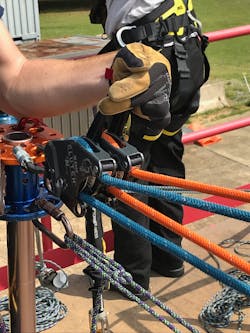 A rescuer utilizes the dual main line technique of a TTRS. Recently referred to as &ldquo;shark-finning,&rdquo; the job of the operator who is on the handles is to let go in an emergency, while the rope tailer holds the lines.