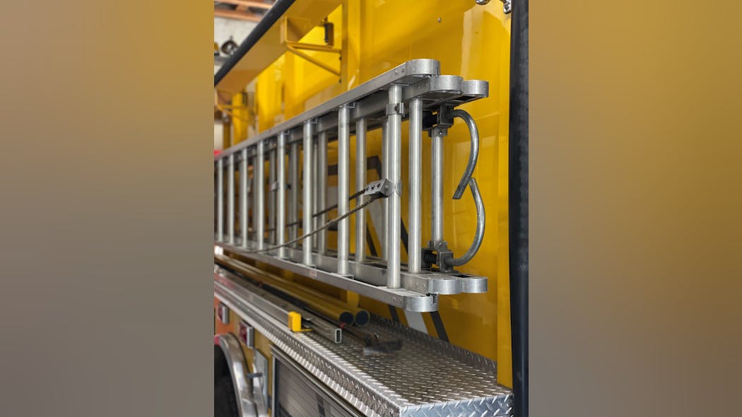 Unlike how many rural engine companies bed the 24-foot extension ladder first and the 14-foot roof ladder outside of that, a reverse configuration (shown) trims important seconds from the process of laddering the fire building.
