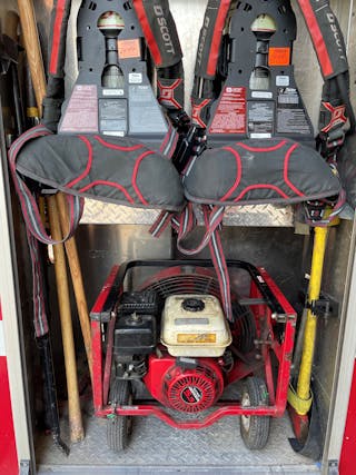 Single-compartment setup on an engine allows engine company members easy, quick access to the equipment that&rsquo;s necessary for ventilation and forcible entry.