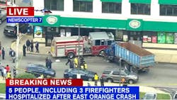 Three East Orange firefighters were injured in the collision. Three East Orange firefighters were injured in the collision.