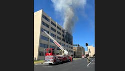 Firefighters battled the three-alarm fire at the San Bernardino County Code Enforcement building. Firefighters battled the three-alarm fire at the San Bernardino County Code Enforcement building.